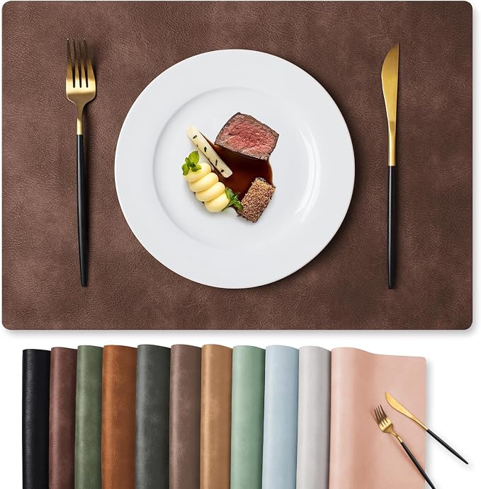 MOSAYT Vinyl Placemats Set of 6-12 X 17 Inch - Faux Leather 100% Waterproof Oil-Proof Wipeable PU Place Mats, Heat Resistant Reversible Table Mats for Kitchen, Dining, Outdoor, Coffee by MOSAYT