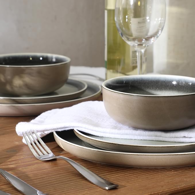 Gibson Elite Island Bay 12-Piece New Bone China Dinnerware Set Service for 4, Reactive Glaze Plates and Bowls, Dishwasher and Microwave Safe, Black and Cream - Image 5