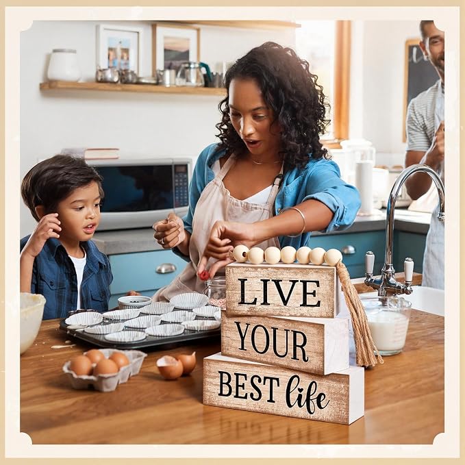 Moucuny 4 Pcs Farmhouse Table Decor Inspirational Wooden Signs Rustic Beaded Wooden Block Gift Sign Live Your Best Life Farmhouse Table Centerpiece for Living Room Housewarming Gift - Image 7
