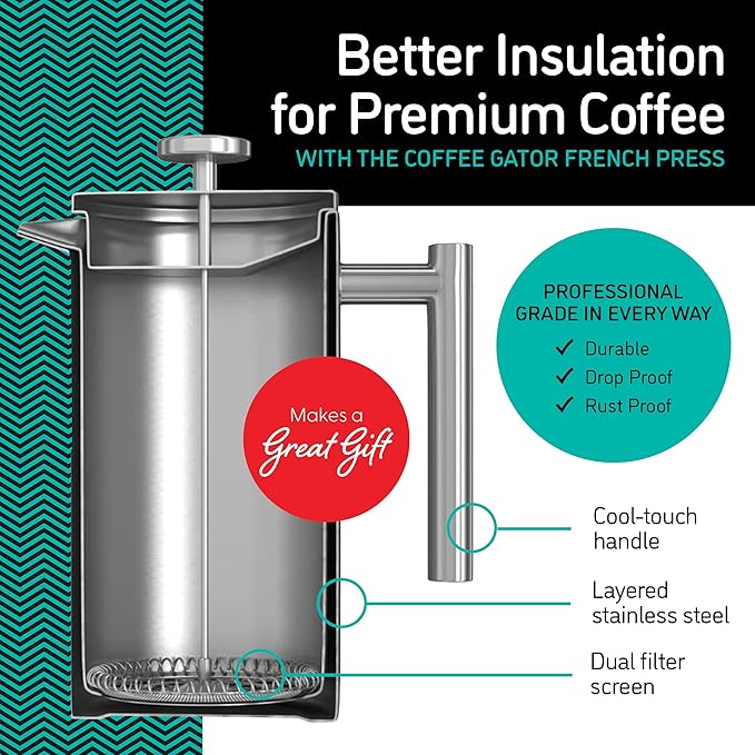 Coffee Gator French Press Coffee Maker 34oz, Double Insulated Stainless Steel Brewer plus Travel Jar Canister, Portable Hot Cold Brew Tea for Coffee Bar Accessories Kitchen Camping, Orange
