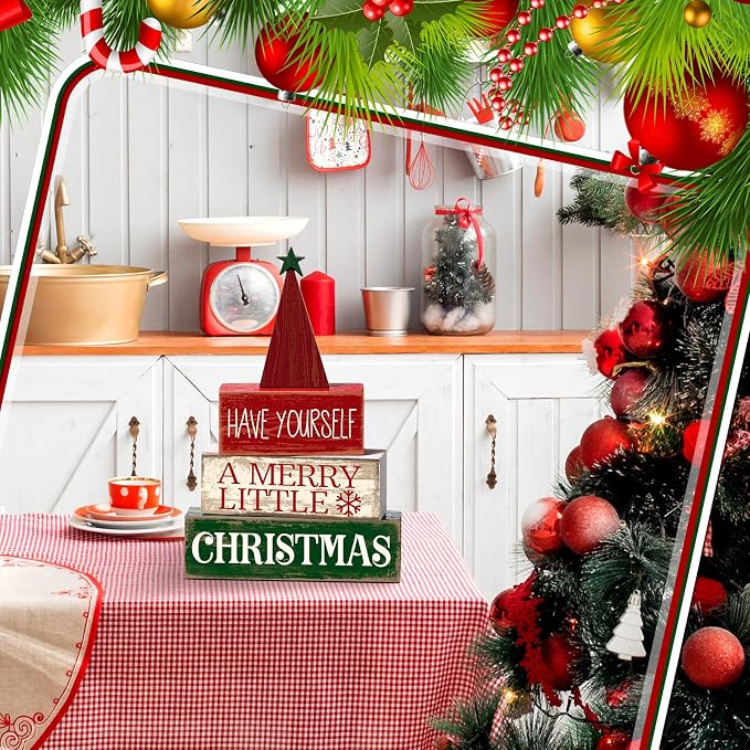 Moucuny 4 Pcs Christmas Decor Wooden Christmas Tree Winter Tiered Tray Decor Xmas Table Centerpiece Rustic Decorative Tree Block Signs Gift Farmhouse Winter Table Decoration for Home Kitchen - Image 5