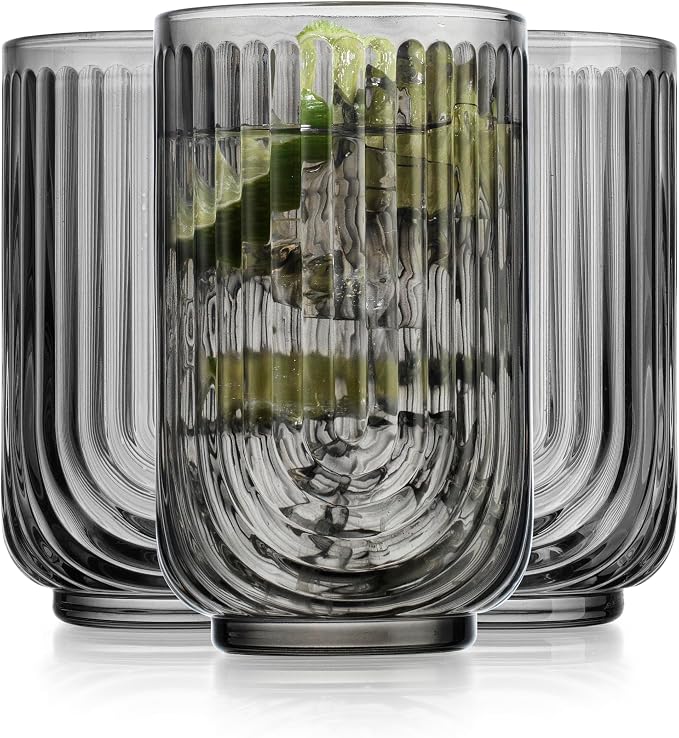 Glaver's Vintage Glassware - Art Deco Ribbed Drinking Glasses, U-Shape Arch Design Colored Cocktail Decorative Party Everyday Kitchen Tumblers, Hand Wash Only (Smoke S/4 17oz) by Glavers