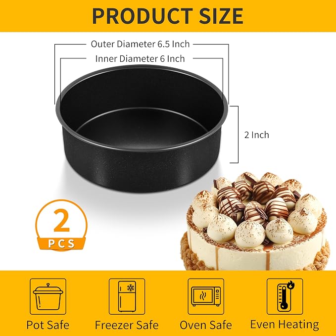 P&P CHEF 6 Inch Cake Pan Set, Non-stick Baking Pans for Cake, 2Pcs | Round Cake Baking Tins for Tier Smash Cakes, Bread, Non-Toxic & Solid, Stainless Steel Core & Leak-Proof, Black - Image 2