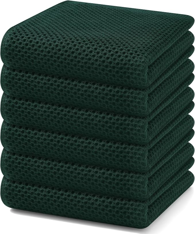 Homaxy 100% Cotton Waffle Weave Kitchen Dish Towels 6-Pack, Blackish Green | 13 x 28 Inches, Ultra Soft Absorbent Dish Towels, Quick Drying Cleaning Towels by Homaxy