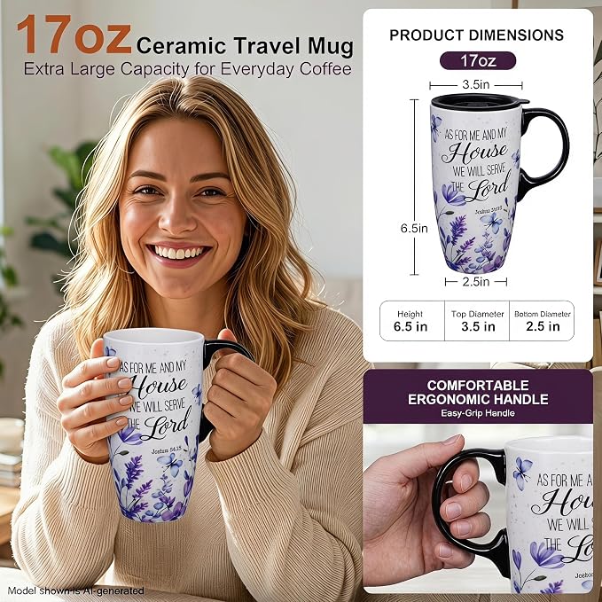 Topadorn 17oz Ceramic Travel Mug with Lid, Christian Floral Coffee Mug | Christian Coffee Mug with Handle, Joshua 24:15 Floral Design, Splash-Resistant Lid, Microwave & Dishwasher Safe, Gift Box - Image 4