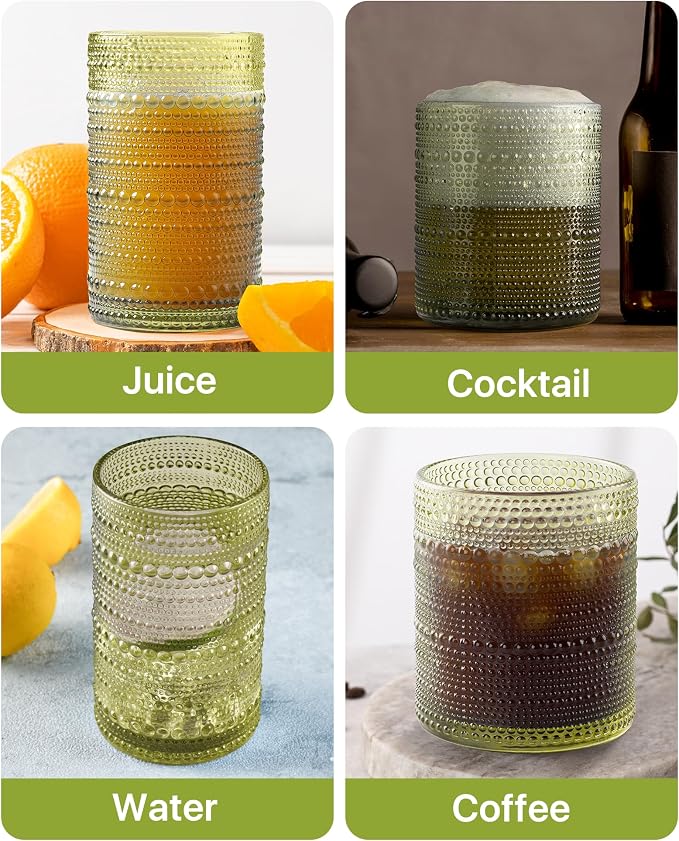 Hobnail Drinking Glasses Set of 12 with 6 Coasters, Green | 6 Highball Glasses (14.5 oz), 6 Old Fashioned Glasses (10 oz) and 6 Silicone Coasters for Water, Whiskey and Cocktails - Image 8