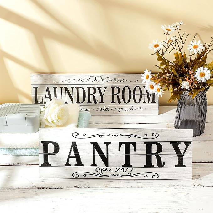 Jetec 2 Pcs Pantry Signs Wall Decor Wooden Laundry Room Signs Farmhouse Laundry Pantry Room Door Sign Wood Rustic Retro for Kitchen Home, 15 x 5 Inches(White) - Image 7