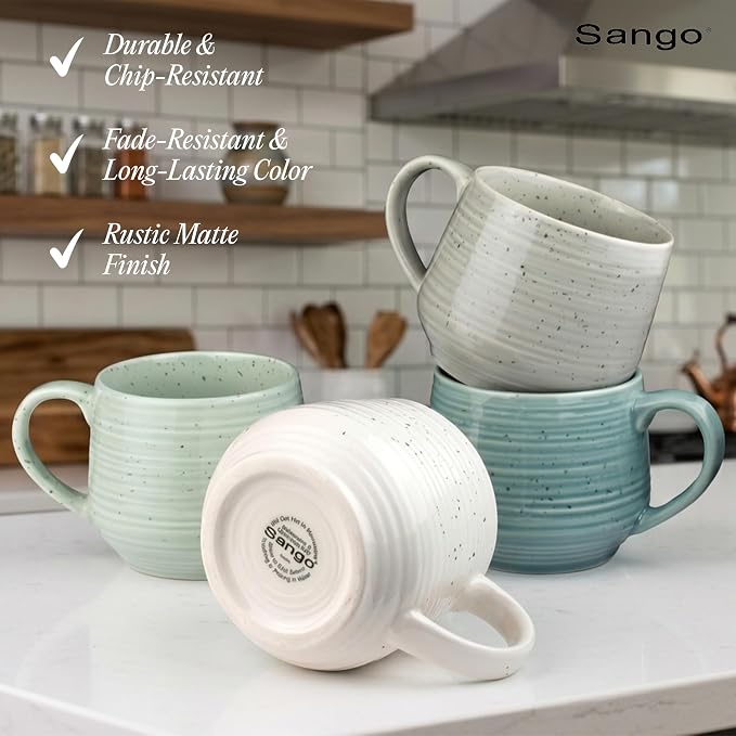 Sango Siterra Artist's Blend 17 oz. Stoneware Mug Set- Service for 4, Rustic Design, Green/White/Beige, Scratch-Resistant, Microwave & Dishwasher Safe, for Everyday Dining & Entertainment - Image 8