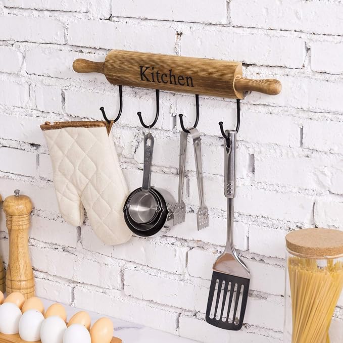 MyGift Rustic Burnt Brown Wood Kitchen Hooks for Hanging Cooking Utensils, Coffee Mugs and Hand Towels, Decorative Rolling Pin Design Kitchen Wall Decor with 4 Hooks | Four sturdy hooks provide convenient hanging space for mugs, towels, utensils, apron... - Image 2
