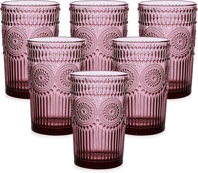 ZMOWIPDL Drinking Glasses Set of 6,13oz Flower Design Purple Glass Cups | Vintage Glassware,Textured Tumblers,Embossed Striped Drinkware for Water,Cocktails,Juice,Iced Coffee by ZMOWIPDL