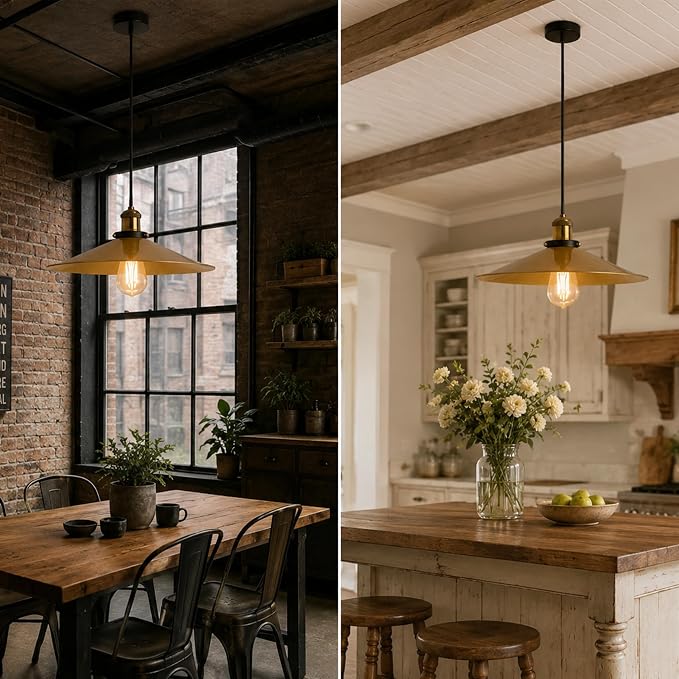 KCO Lighting Industrial Gold Pendant Lights Kitchen Island, 14.2” Modern Farmhouse Pendant Lighting for Dining Room Living Room Bedroom E26 Hardwired Hanging Ceiling Lamp with Adjustable Height - Image 7