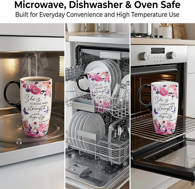 Topadorn 17oz Ceramic Travel Mug with Lid, Inspirational Floral Coffee Mug | Pink Ceramic Travel Cup with Handle for Women, Microwave & Dishwasher Safe, Gift Box Included - Image 5