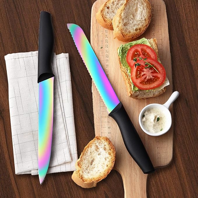 Marco Almond Knife Set w Block 14PC Rainbow Kitchen Knives Set | Stainless Steel,Razor Sharp,Anti-Rust,Restaurant Grade,Ergonomic Black Handle,Full Tang,Restaurant Grade,Gift Box - Image 6