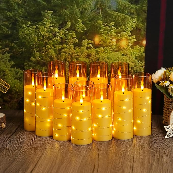 Sasigeiaa Flameless Candles with Embedded Star String - Battery Operated LED Candles, with Remote,12 Gold Flickering Candles for Christmas, Weddings, Home Decor & Party,(D 2.3"×H 5" 6" 7") - Image 2