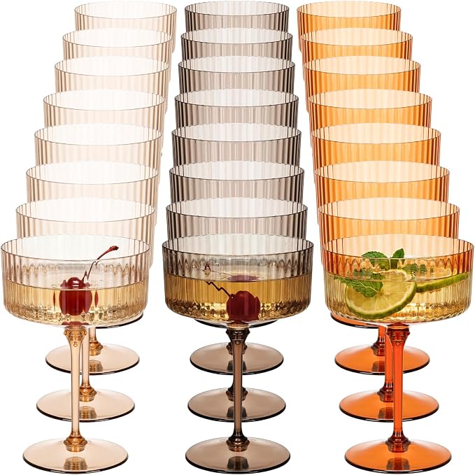 Jingmore 24 Pcs Ribbed Martini Glasses 10 oz Disposable Plastic Vintage Ribbed Coupe Glasses Unbreakable Dessert Parfait Glassware for Wedding Birthday Party Supplies (Thanksgiving Colors) by Jingmore