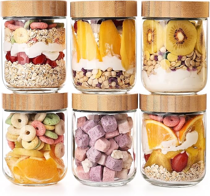 6 Pack 16oz Glass Overnight Oats Jars - Airtight Containers with Bamboo Lids, Wide Mouth Mason Jars for Salad, Yogurt, Snacks & Food Storage by YUNCANG