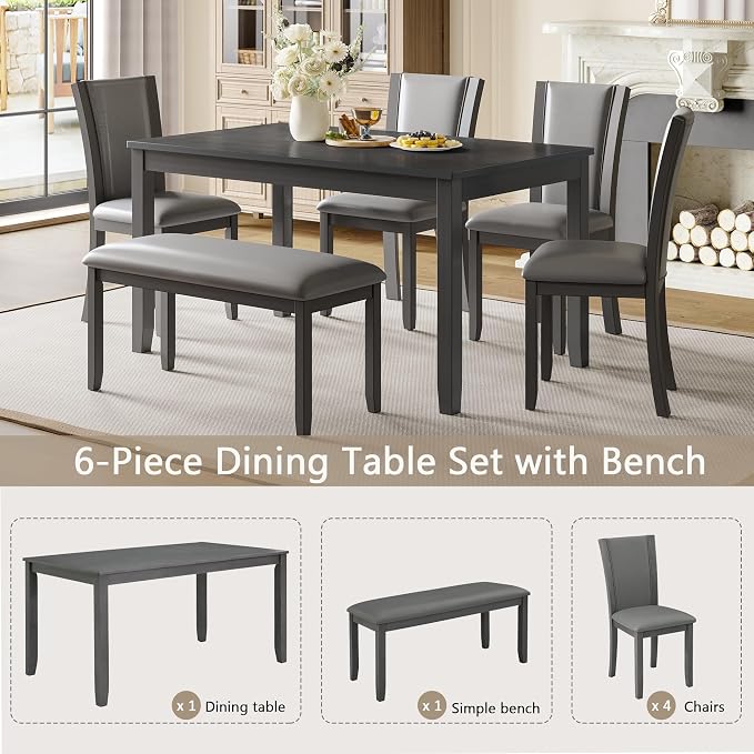 6-Piece Dining Table Set with Bench and Chairs - Solid Wood Kitchen Dining Room Table Set in Farmhouse Rustic Style, Table Set for 6 with 4 Chairs and Bench Seat.(Dark Gray_Large) - Image 6