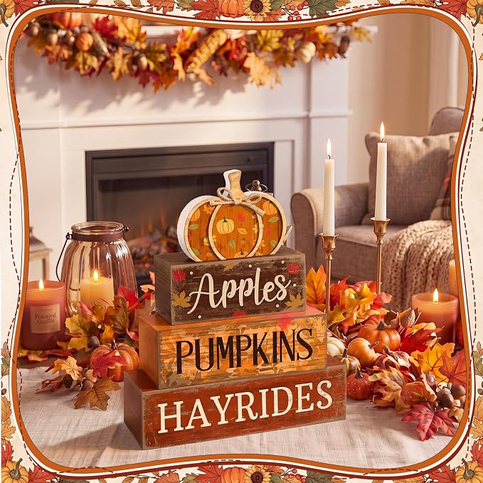 Moucuny 4 Pcs Fall Pumpkin Decor Fall Decorations for Home Wooden Pumpkin Decor Thanksgiving Table Centerpiece Rustic Hay Rides Autumn Stacked Block Signs Farmhouse for Harvest Party Home Kitchen - Image 4