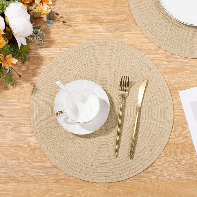 SHACOS 15 inch Round Braided Placemats Set of 6 Cotton Polyester Heat Resistant Table Mats Washable Place Mats for Dinner Party Table Decoration (Light Beige, 6) - Image 6