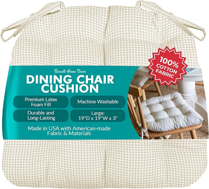 Barnett Home Decor Madrid Natural Dining Chair Pad with Ties - 19 x 19 Size Large Chair Cushion - Latex Foam Fill - Machine Washable, Reversible, 100% Cotton, Made in USA (Neutral Gingham) by BarnettHomeDecor