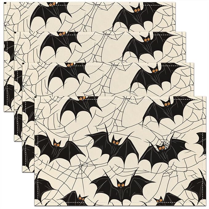 Feelyou Happy Halloween Placemats Set of 4 Bats Pattern Table Mats for Party Kitchen Dining Decoration Holiday Seasonal Beige Black Place Mat for Dinner Table Indoor Outdoor 18"x12" Spider Web Decor by Feelyou