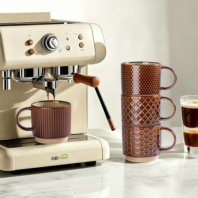 GBhome 15 OZ Stackable Coffee Mugs Set of 4, Ceramic Coffee Cups Set | 4 Assorted Designs, Embossed Mugs with Texture Patterns for Tea/Coffee, Dishwasher&Microwave Safe, Caramel - Image 5