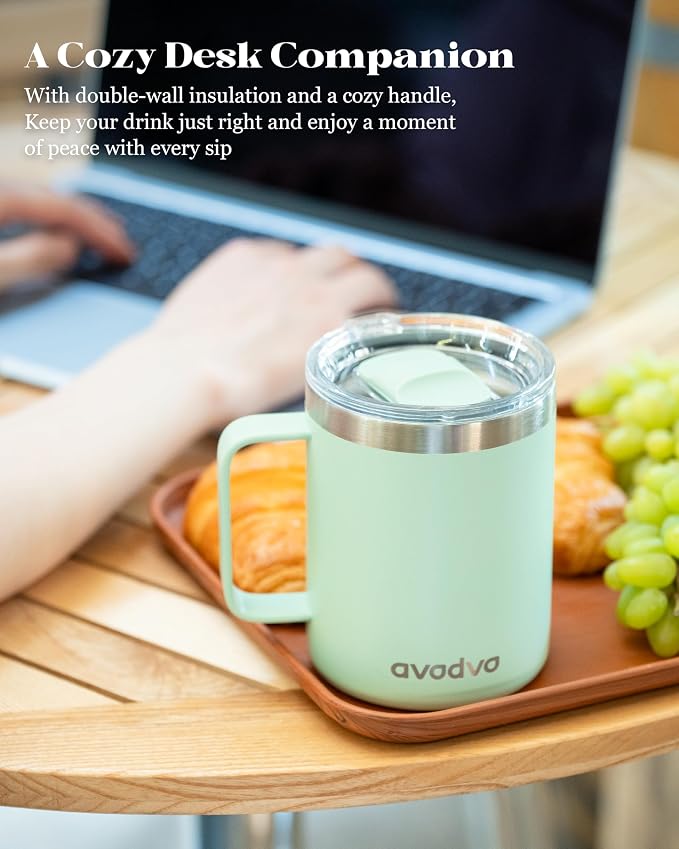 12oz Insulated Coffee Mug with Lid – Includes Two Lids, Stainless Steel Coffee Travel Mug with Handle, Double Wall Vacuum Insulated Camping Mug for Home, Office & Outdoor, Mint Green - Image 5