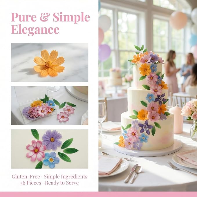 Set of 60 Edible Flowers & Leaf Cupcake Toppers Wedding Cake Party Food Decoration Mixed Size & Colour for Anniversary - Image 3