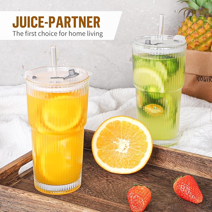20 oz Glass Cups with Lid and Straw 4 Set, Glass Tumbler with Straw and Lid, Vintage Glassware for Whiskey Cocktail Beer, Iced Coffee Cups with Lid (4 PACK)