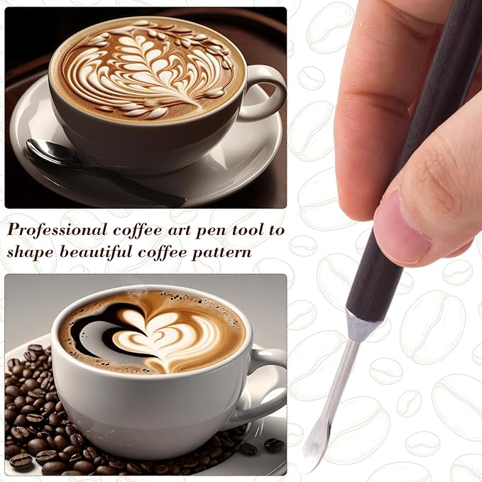 2 Pcs Double-Ended Latte Art Pen, Coffee Drawing Tool with Wood Handle, Latte Art Tools, Coffee Pen for Espresso Designs, Cafe and Home Use (2 Styles)