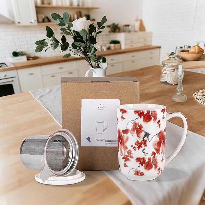 AmorArc Porcelain Tea Mug with Infuser and Lids, 18 Oz Coffee Cup Strainer with Bag Holder for Loose Leaf Tea, Steeping Coffee Mug for House-warming Wedding Birthday Gift