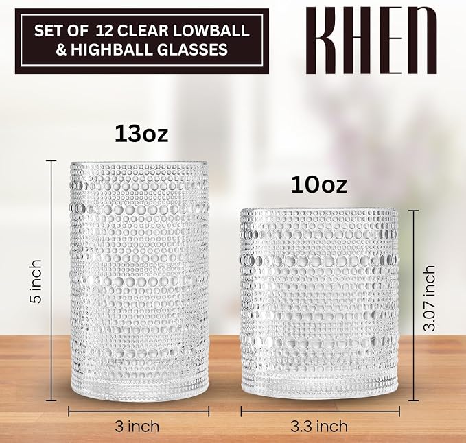 Khen Vintage Hobnail Drinking Glasses Set of 12, 13oz Highball Glasses & 10 oz Lowball Tumblers, Kitchen Water Glasses Cup, Bar Water, Juice, Cocktails Beer, Milk Indoor/Outdoor Bar & Party Drinkware - Image 2