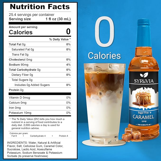 Syruvia Sugar-Free Caramel - 25.4 fl oz. Premium Coffee Flavoring Syrup. 0 Calories, Kosher, and Gluten-Free. Perfect for Drinks, Sodas, Shakes, Desserts, and More With Pump (Pack of 2)