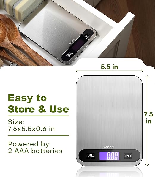 Atogou 33lb/ 15kg Food Scale, Digital Kitchen Scale with Full View LCD Display, Waterproof Stainless Steel Surface, for Cooking, Baking, Meal Prep Black