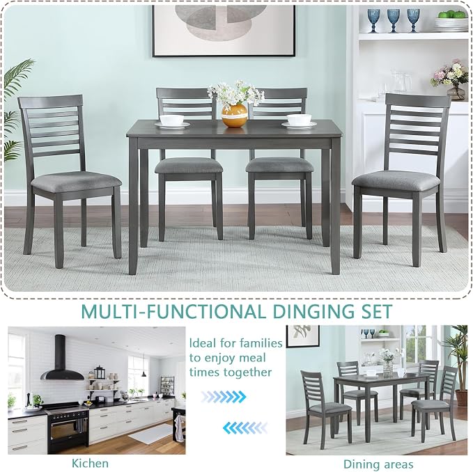 5-Piece Dining Table Set for 4, Kitchen Dining Table with 4 Soft Cushioned Solid Wood Chairs, Ideal for Home or Restaurant Use.(Gray_Medium) - Image 7
