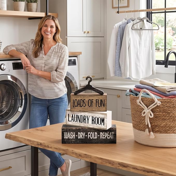 Moucuny 4 Pcs Farmhouse Laundry Room Decor and Accessories Stacked Blocks Loads of Fun Wash Dry Fold Repeat Wooden Signs Set with Vintage Hanger - Rustic Sign for Home Bathroom Shelf Housewarming Gift - Image 4