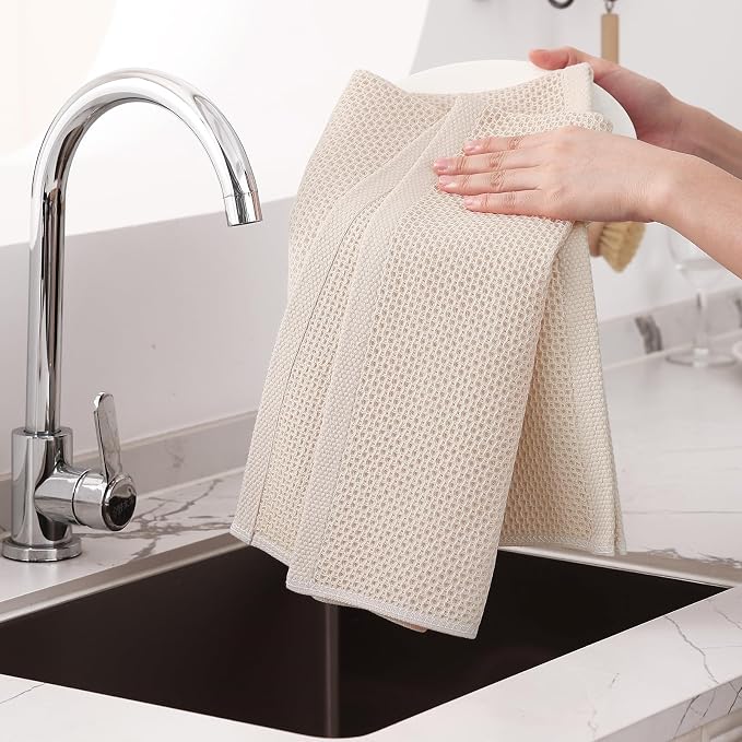 Homaxy 100% Cotton Oversized Waffle Weave Kitchen Towels 8-Pack, Beige | 20 x 28 Inches, Ultra Soft Absorbent Dish Towels, Quick Drying Large Cleaning Towels - Image 4
