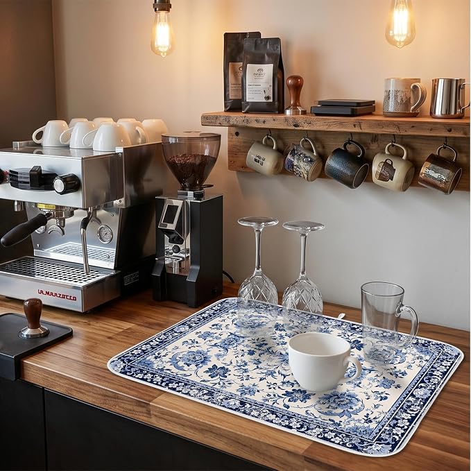 Chinoiserie Dish Drying Mat for Kitchen Coffee Bar 18x24 in Home Decor | Chinese Aesthetic Non Slip Absorbent Kitchen Dishes Drainer Mat, with Anti-slip Rubber Backing & Hanging Loop, for Sink - Image 6