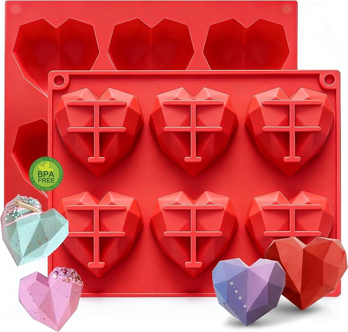 3D Diamond Heart Silicone Molds 2 Pack 12-Cavity Valentine Love Shape for Hot Cocoa Bombs, Chocolate, Cake, Soap, Jelly, Candy, Ice Cube DIY Baking & Party Gift Making by keliwa