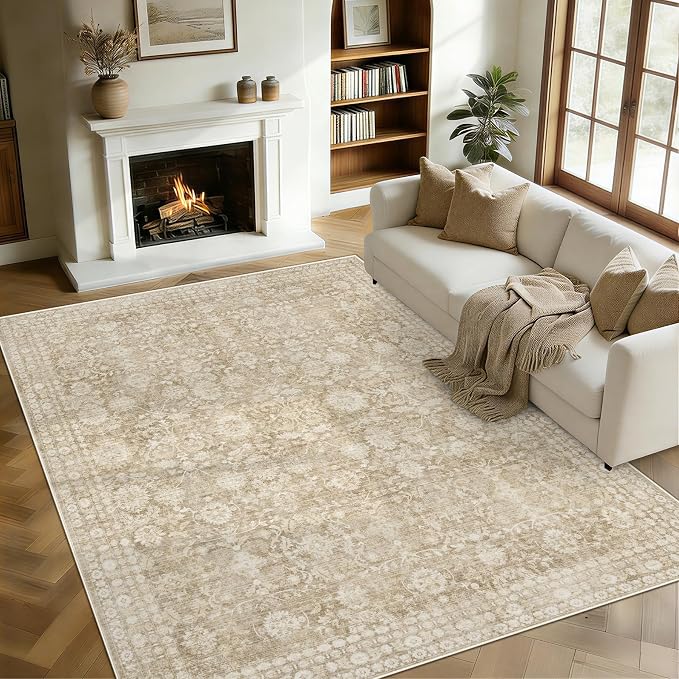6x9 Area Rugs for Living Room: Washable Vintage Floral Rug Low Pile Non-Slip Boho Carpet for Nursery Bedroom Dining Room (Brown, 6'x9') by LOSBULAKE
