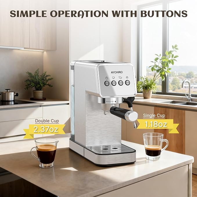 AYCHIRO 20 Bar Espresso Machine, Semi-Automatic Espresso Maker with Milk Frother Wand, Compact Stainless Steel Coffee Machine for Latte & Cappuccino, 37.2 oz Removable Water Tank - Image 3