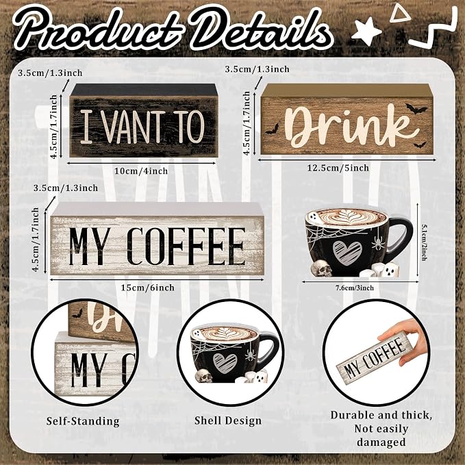 Moucuny 4 Pcs Halloween Table Decorations Spooky Coffee Wooden Stacked Block Decor, "I Vant to Drink My Coffee" Signs with Ghost Mug Topper, Halloween Tiered Tray Decor for Home Office Kitchen Bar - Image 3