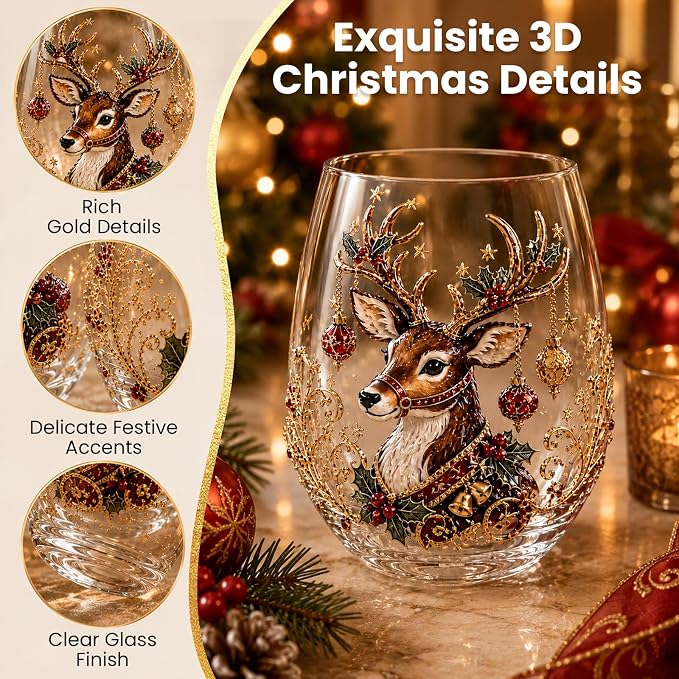 Christmas Wine Glasses, 12oz Stemless Holiday Glassware with Festive Style (Christmas Wreath (B)) - Image 3