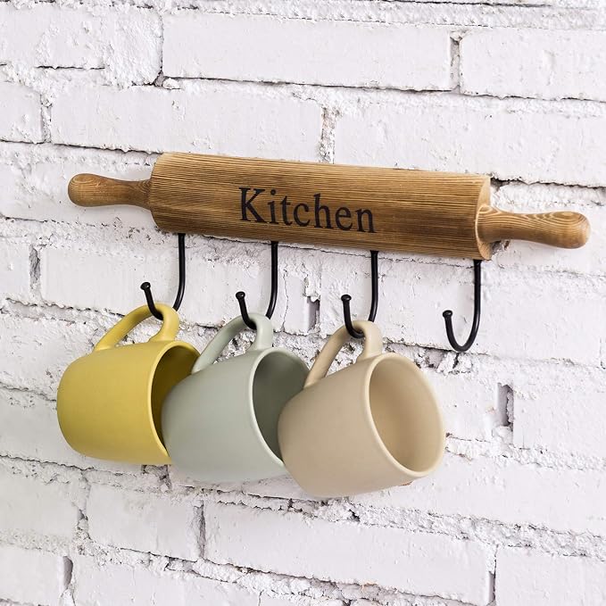 MyGift Rustic Burnt Brown Wood Kitchen Hooks for Hanging Cooking Utensils, Coffee Mugs and Hand Towels, Decorative Rolling Pin Design Kitchen Wall Decor with 4 Hooks | Four sturdy hooks provide convenient hanging space for mugs, towels, utensils, apron... - Image 4