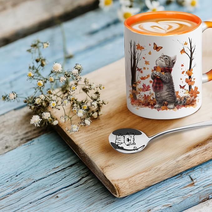 Hyturtle Fall Cat Maple Leaves Coffee Mug with Spoon Gifts on Birthday | Fall Autumn Decor Thanksgiving Gift, Cute Autumn Mug, Durable 11oz ceramic mug, Vivid double-sided print, Comfort grip handle - Image 2