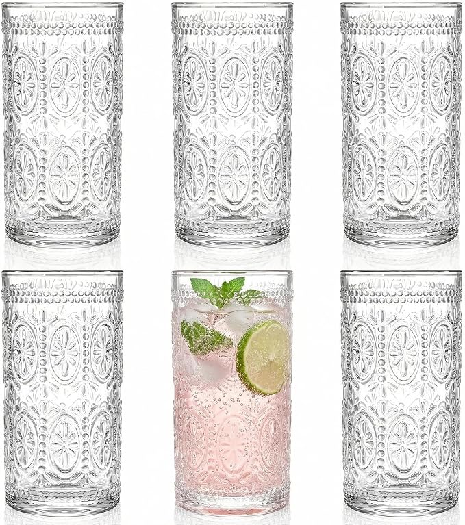 Bekith 6 Pack Romantic Drinking Glasses, 12 oz Highball Glasses, Thick Water Glasses, Tall Glass Cups for Beverages, Beer, Cocktail, Vintage Glassware Set for Dinner Parties, Bars, Restaurants by Bekith
