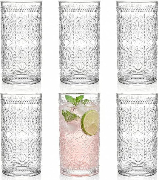 Bekith 6 Pack Romantic Drinking Glasses, 12 oz Highball Glasses, Thick Water Glasses, Tall Glass Cups for Beverages, Beer, Cocktail, Vintage Glassware Set for Dinner Parties, Bars, Restaurants by Bekith