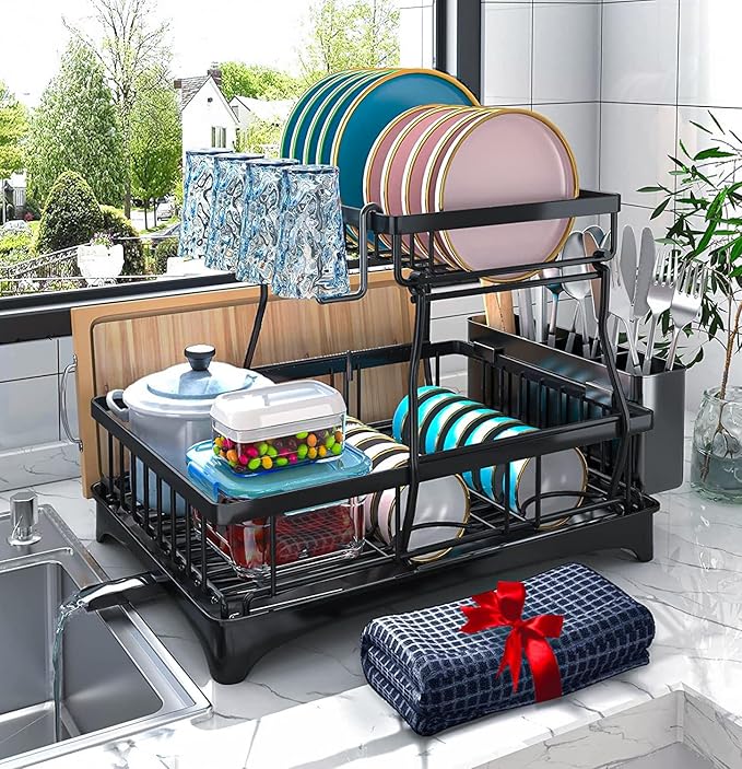 Godboat 2-Tier Dish Drying Rack - Dish Rack with Auto Drain-to-Sink & Mat | Dish Racks for Kitchen Counter, Dish Drainer with Knife Fork & Cup Rack, Gifts for Women, Mothers Day, Kitchen Gadgets, Black by Godboat