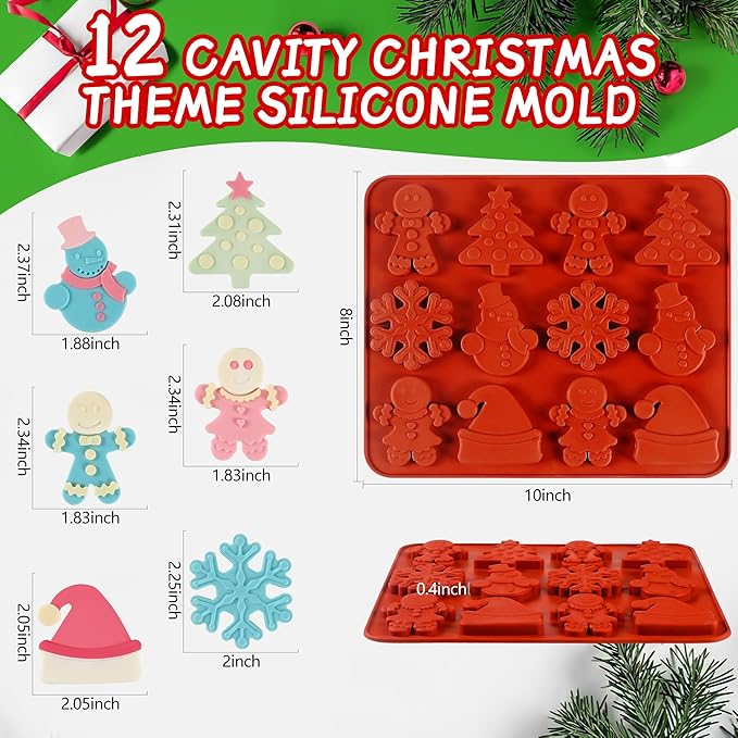 2Pcs Silicone Christmas Cookie Mold for Baking, Christmas Chocolate Cookie Molds Snowflake Snowman Christmas Hat Christmas Trees Gingerbread Man Shape Mold for Candies, Cookie, Wax Melts