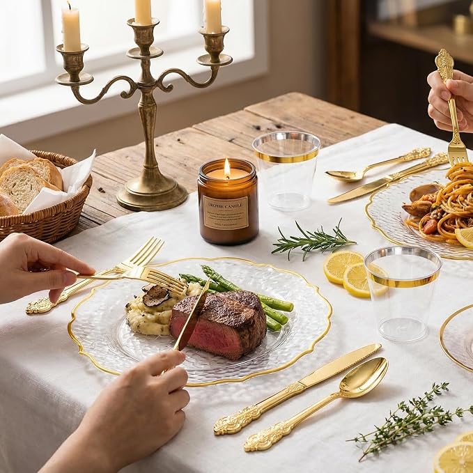 N9R 120PCS Gold Plastic Silverware, Vintage Disposable Utensils & Cutlery | 40 Fancy Forks, Spoons, Knives, Heavy Duty, BPA-Free, for Party, Weddings, Birthday & Holiday - Image 3
